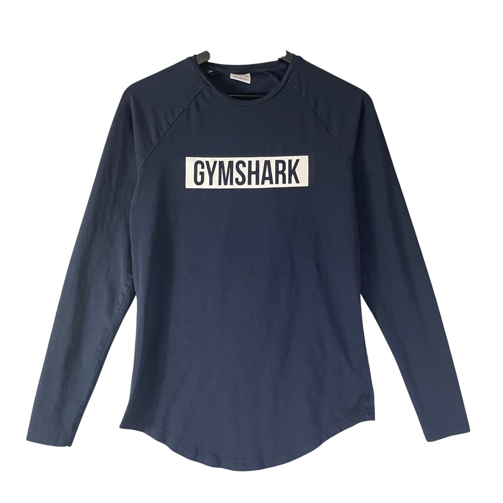 Gymshark Apollo Long Sleeve Shirt Mens Small‎ Navy Blue Logo Athletic Fit